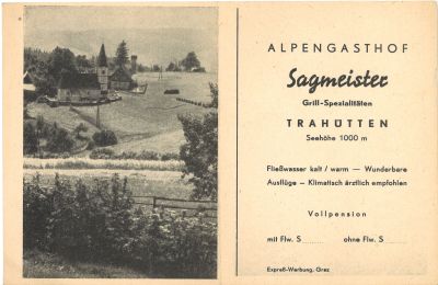 trahutten alpengasthof sagmeister werbung voderseite